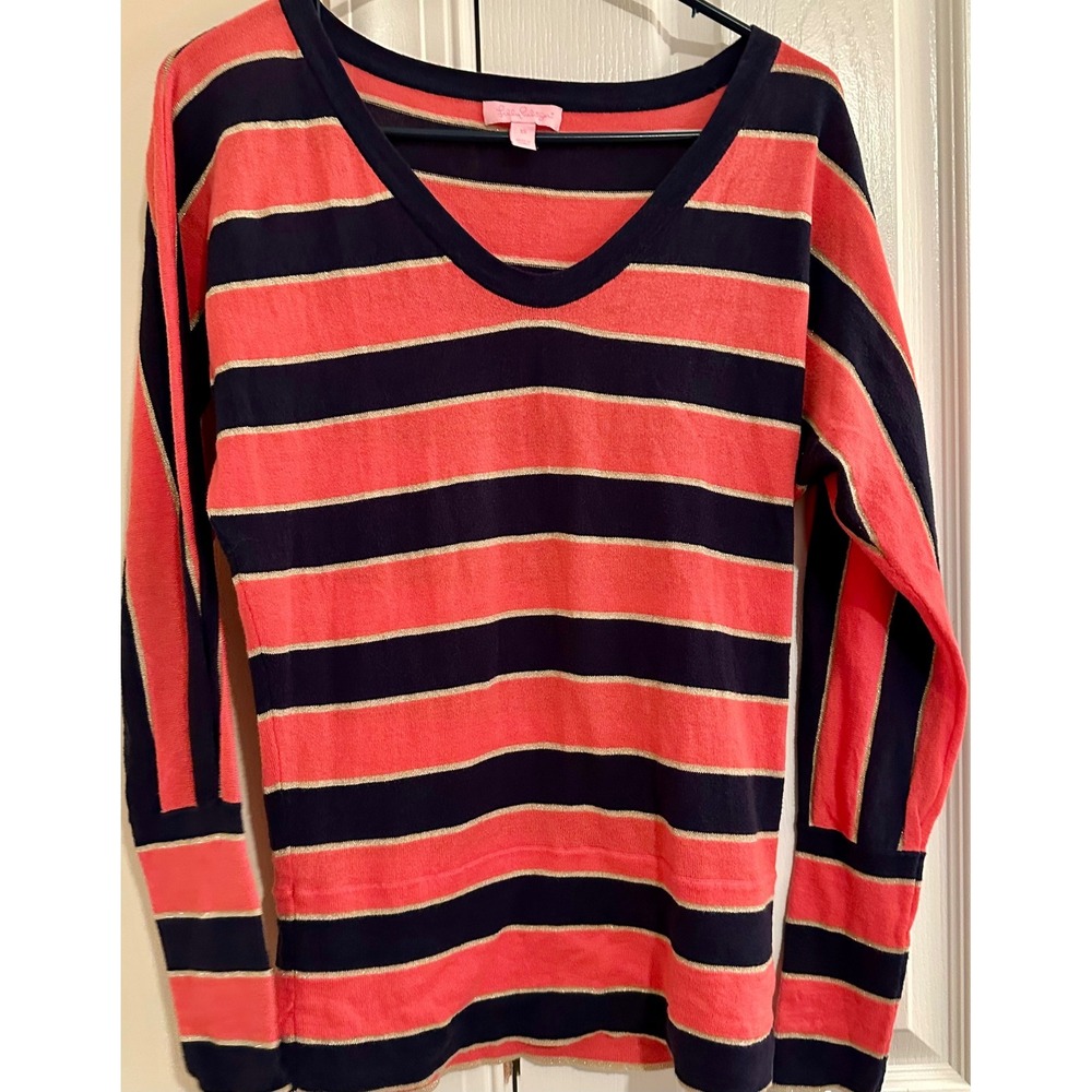 Lilly Pulitzer Womens V-Neck Sweater Coral Navy Blue Gold Metallic Stripe xSmall